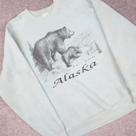 VTG 90s Alaska USA Bears Nature Medium Blue Long Sleeve Pullover Sweatshirt - Picture 12 of 13